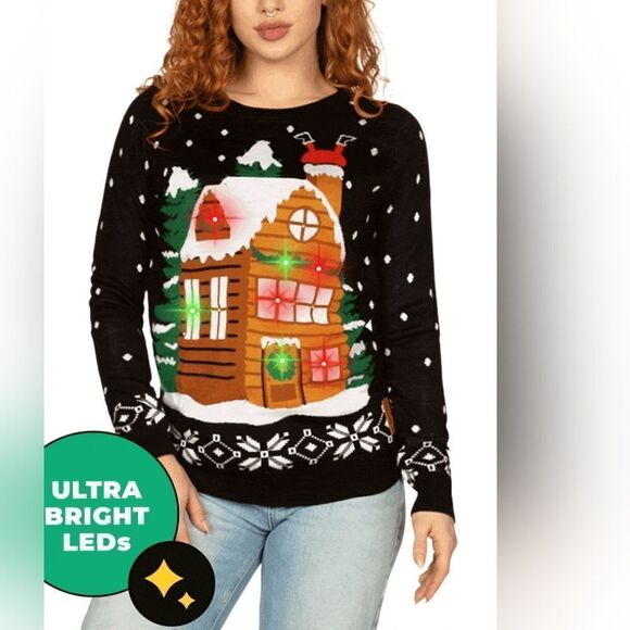 TIPSY ELVES WOMEN'S LIGHT SHOW LIGHT UP UGLY CHRISTMAS SWEATER  IN BLACK SIZE XL - Picture 3 of 6